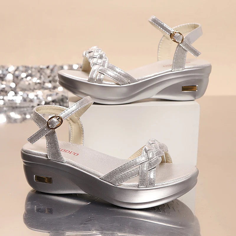 Gold Silver Ankle Strap Wedges