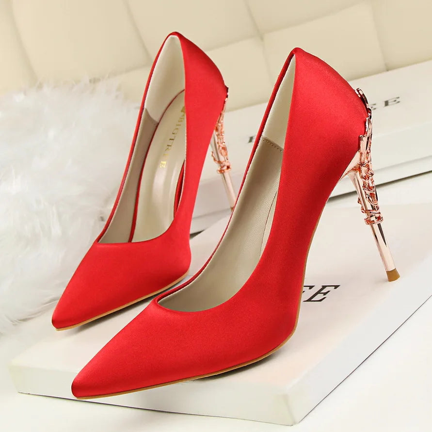 Woman Metal Heels Satin Silk