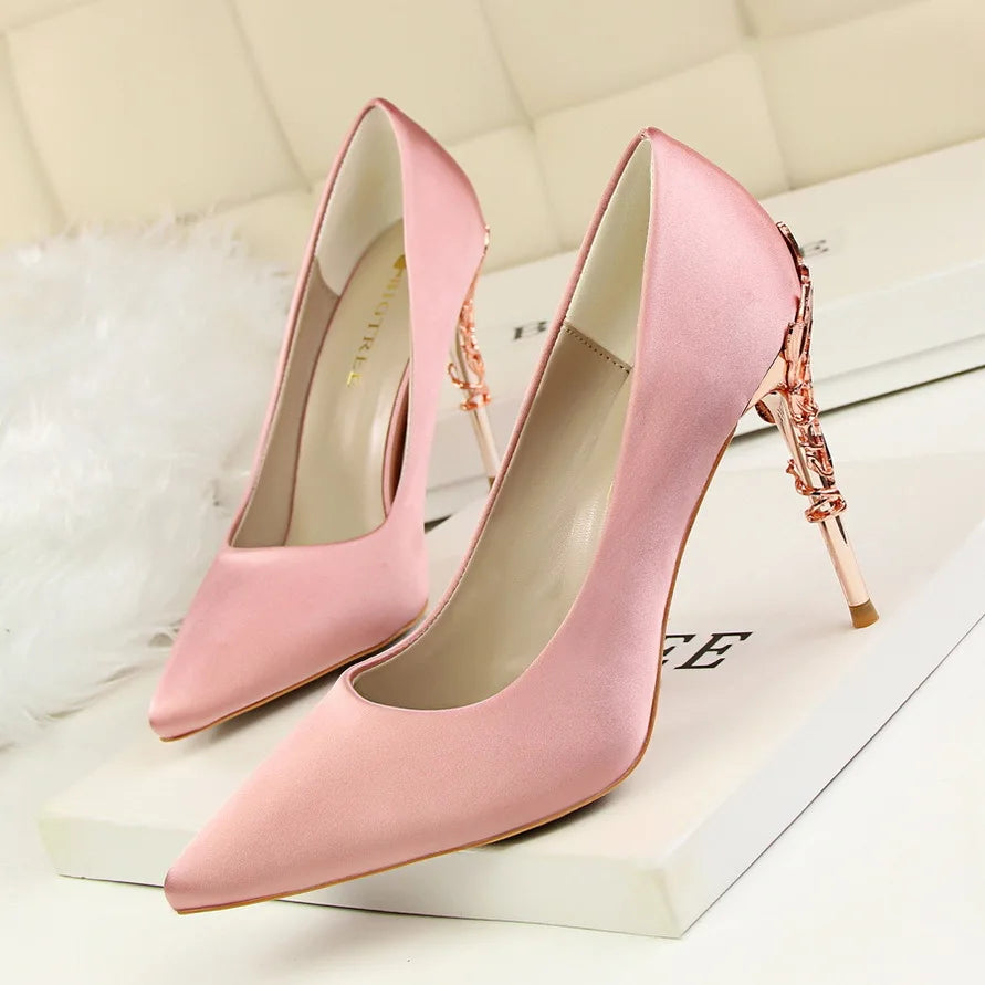 Woman Metal Heels Satin Silk