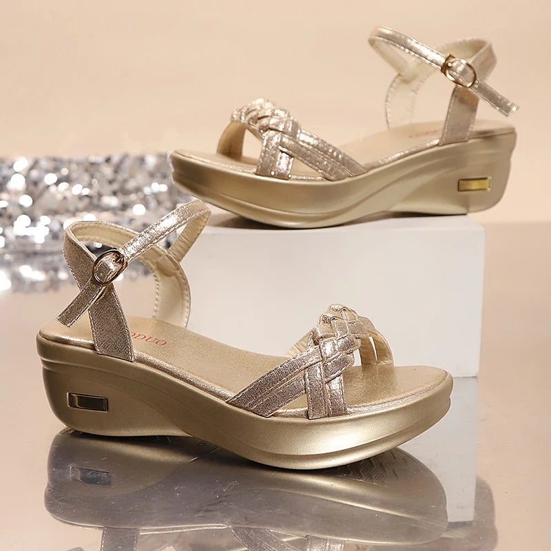 Gold Silver Ankle Strap Wedges