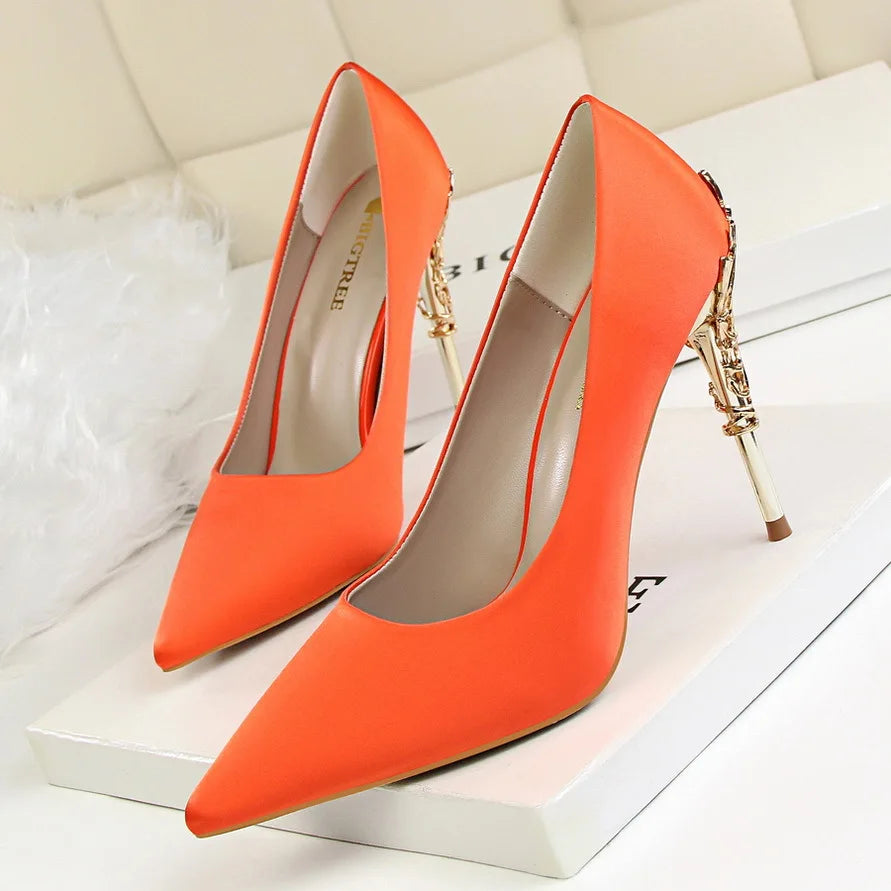 Woman Metal Heels Satin Silk