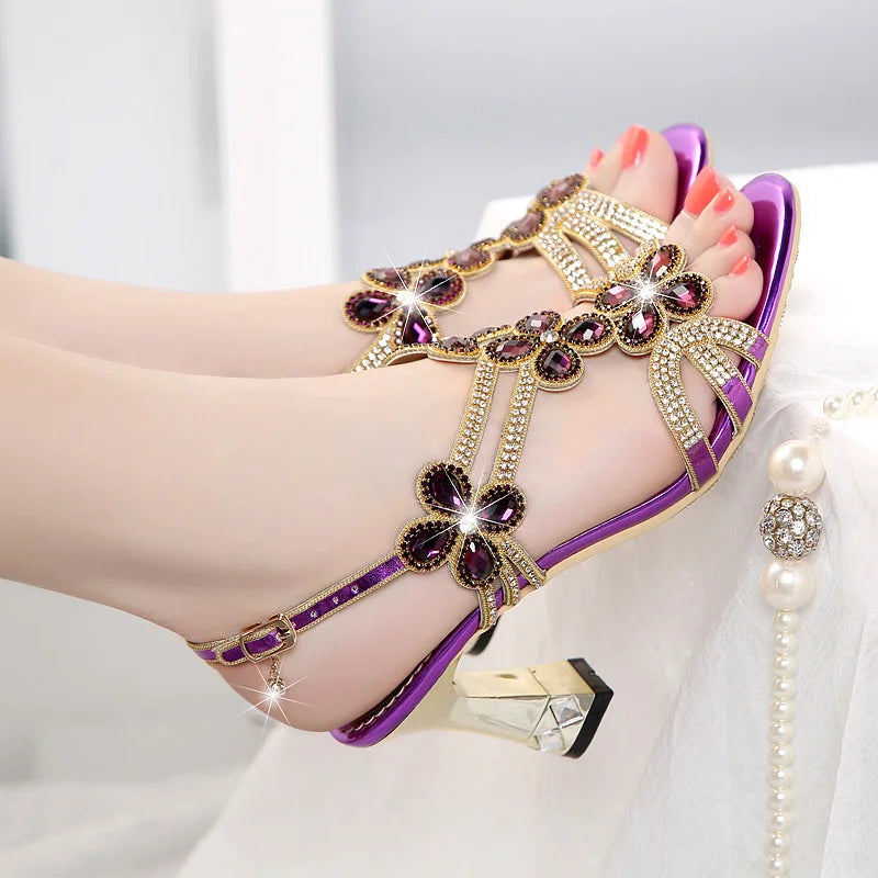 Rhinestone Sandals Leather Glitter