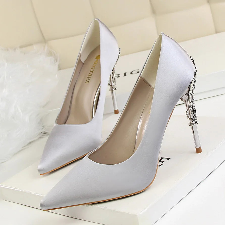 Woman Metal Heels Satin Silk