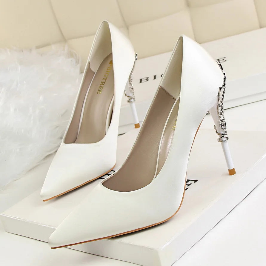 Woman Metal Heels Satin Silk