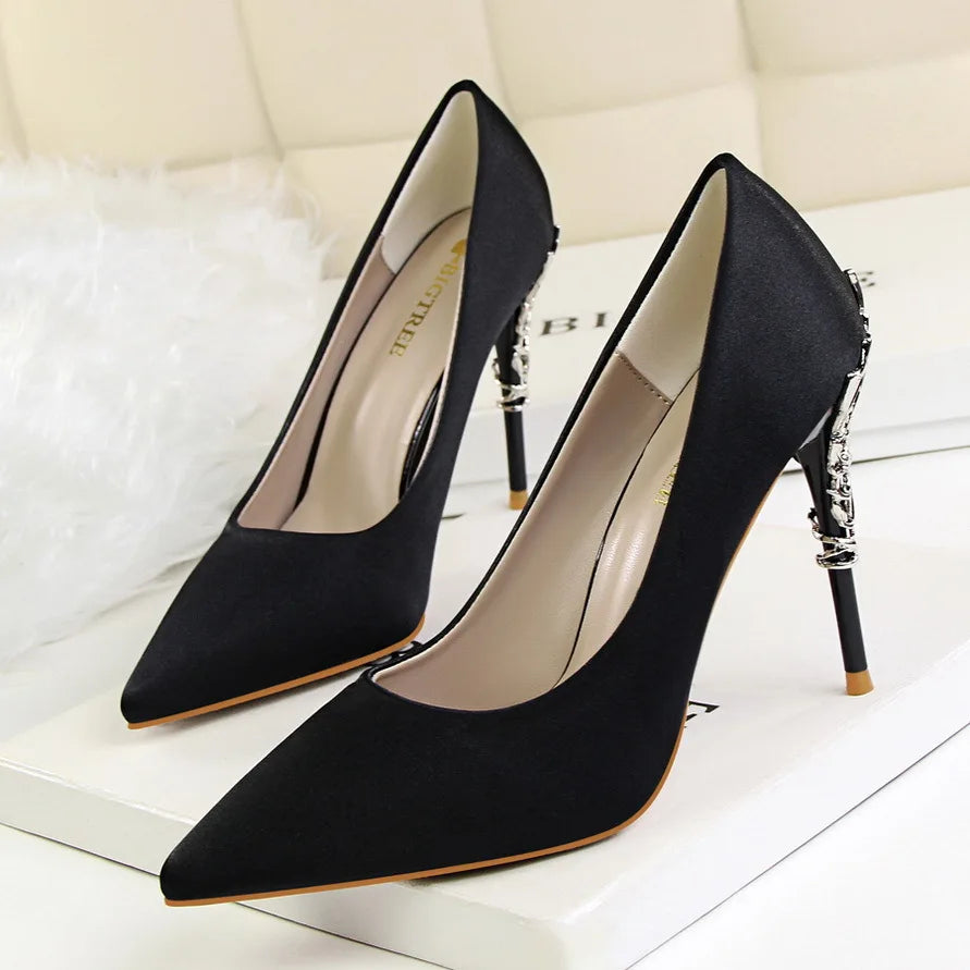 Woman Metal Heels Satin Silk