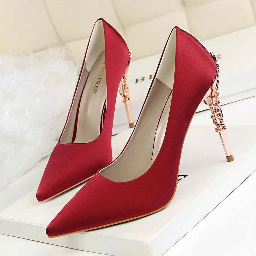 Woman Metal Heels Satin Silk