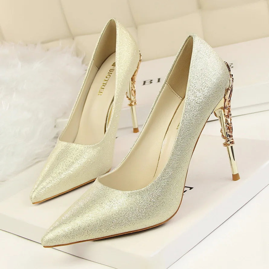 Woman Metal Heels Satin Silk