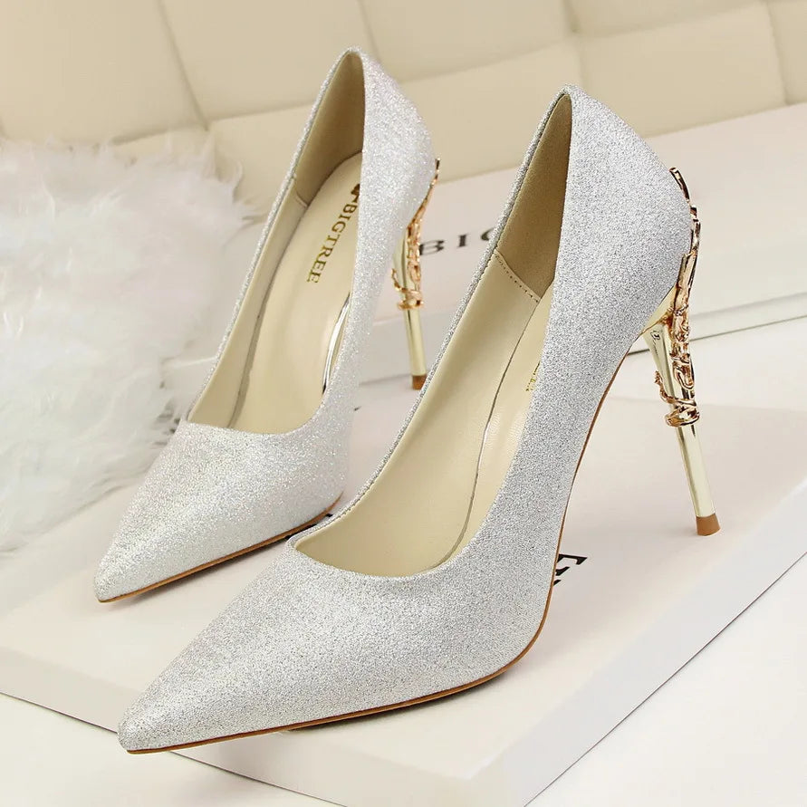 Woman Metal Heels Satin Silk