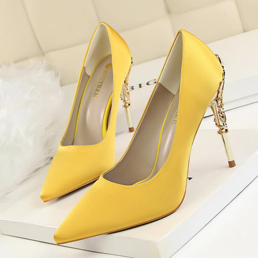Woman Metal Heels Satin Silk
