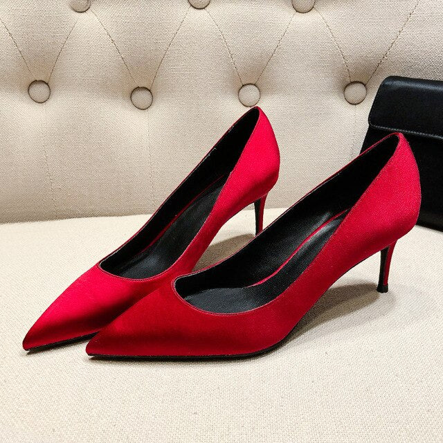 Red Silk Thin High Heel