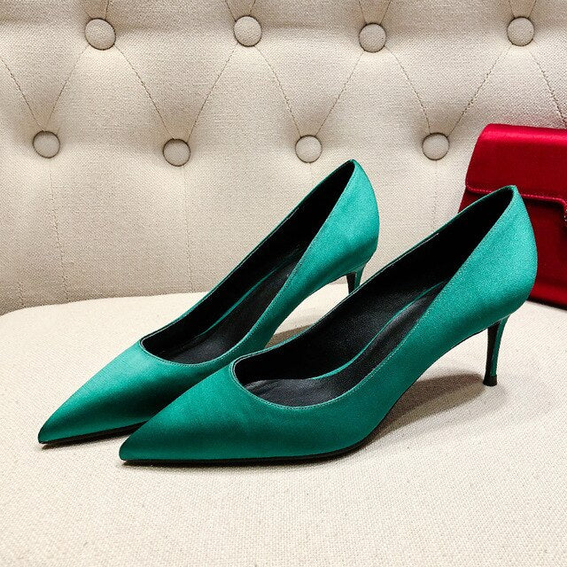 Red Silk Thin High Heel